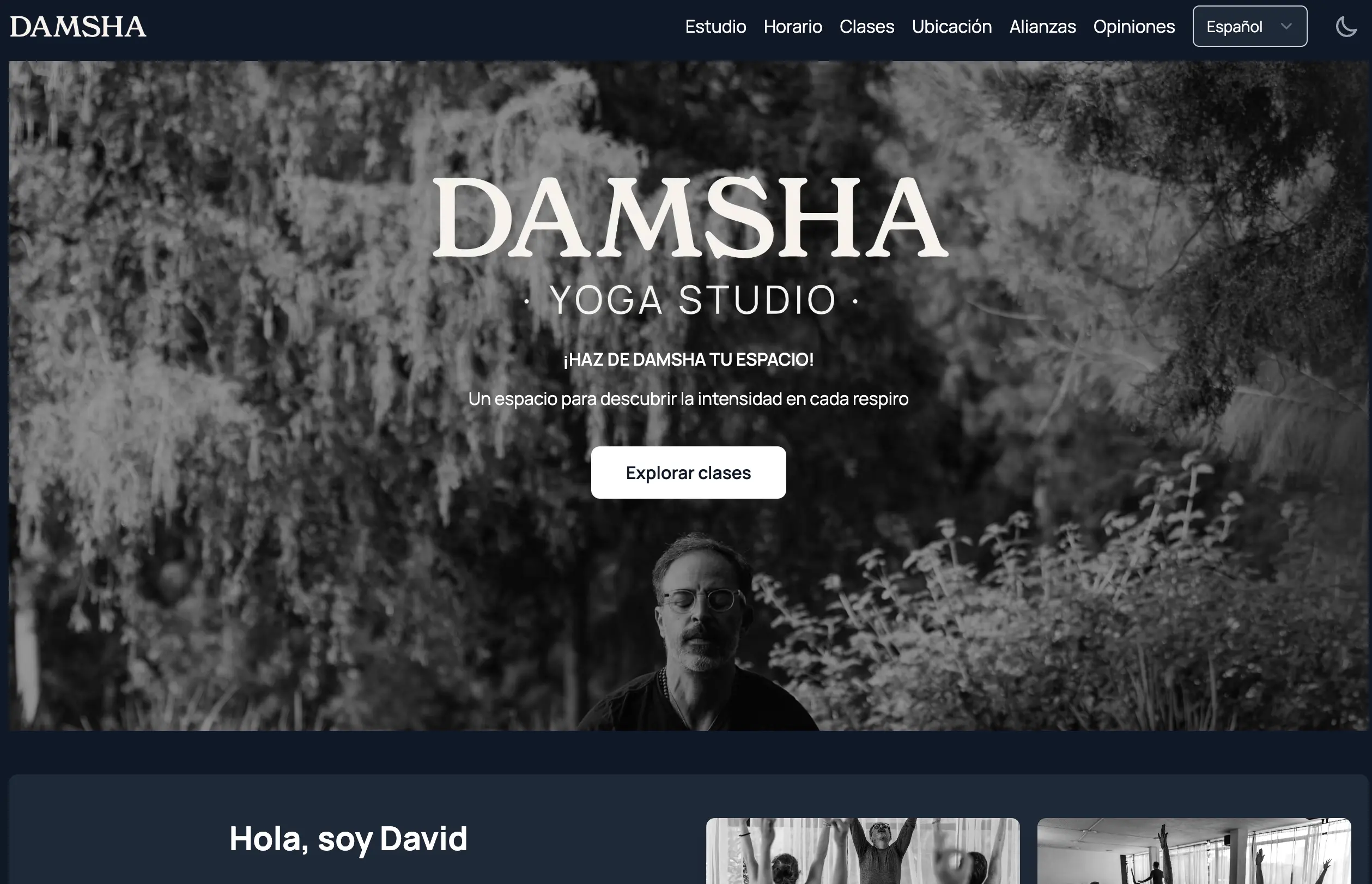 Damsha Yoga Studio website showcasing class schedule and booking interface